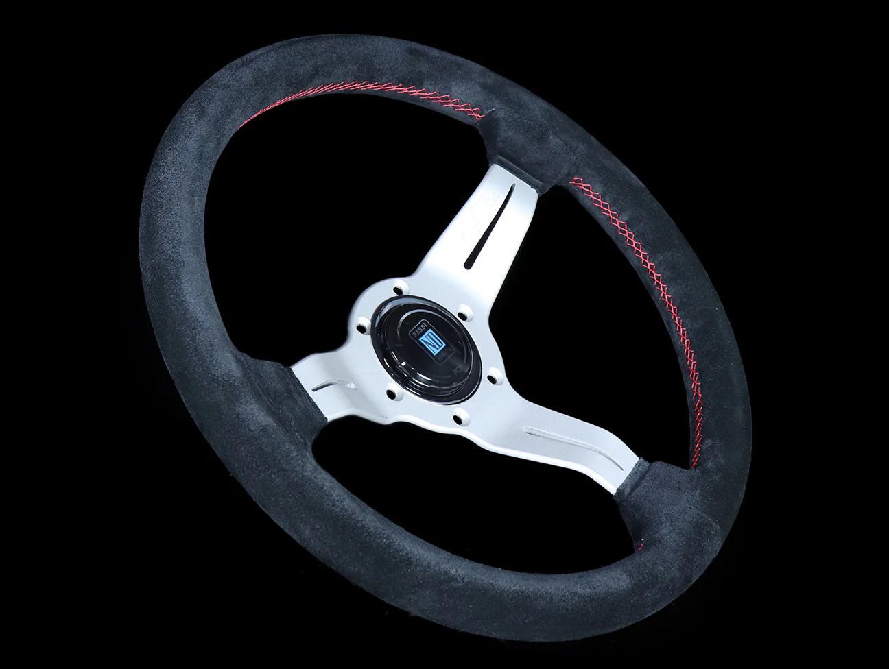 Nardi Deep Corn Sport Rally Steering Wheel w/ Silver Spokes - 330mm Black Suede / Red Stitch - Image 2