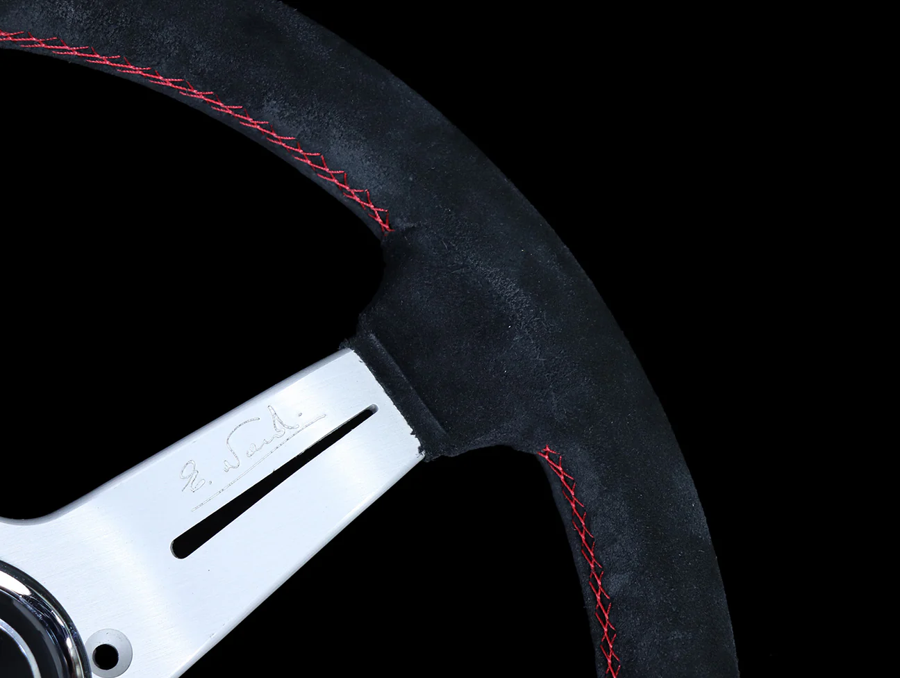 Nardi Deep Corn Sport Rally Steering Wheel w/ Silver Spokes - 330mm Black Suede / Red Stitch - Image 4