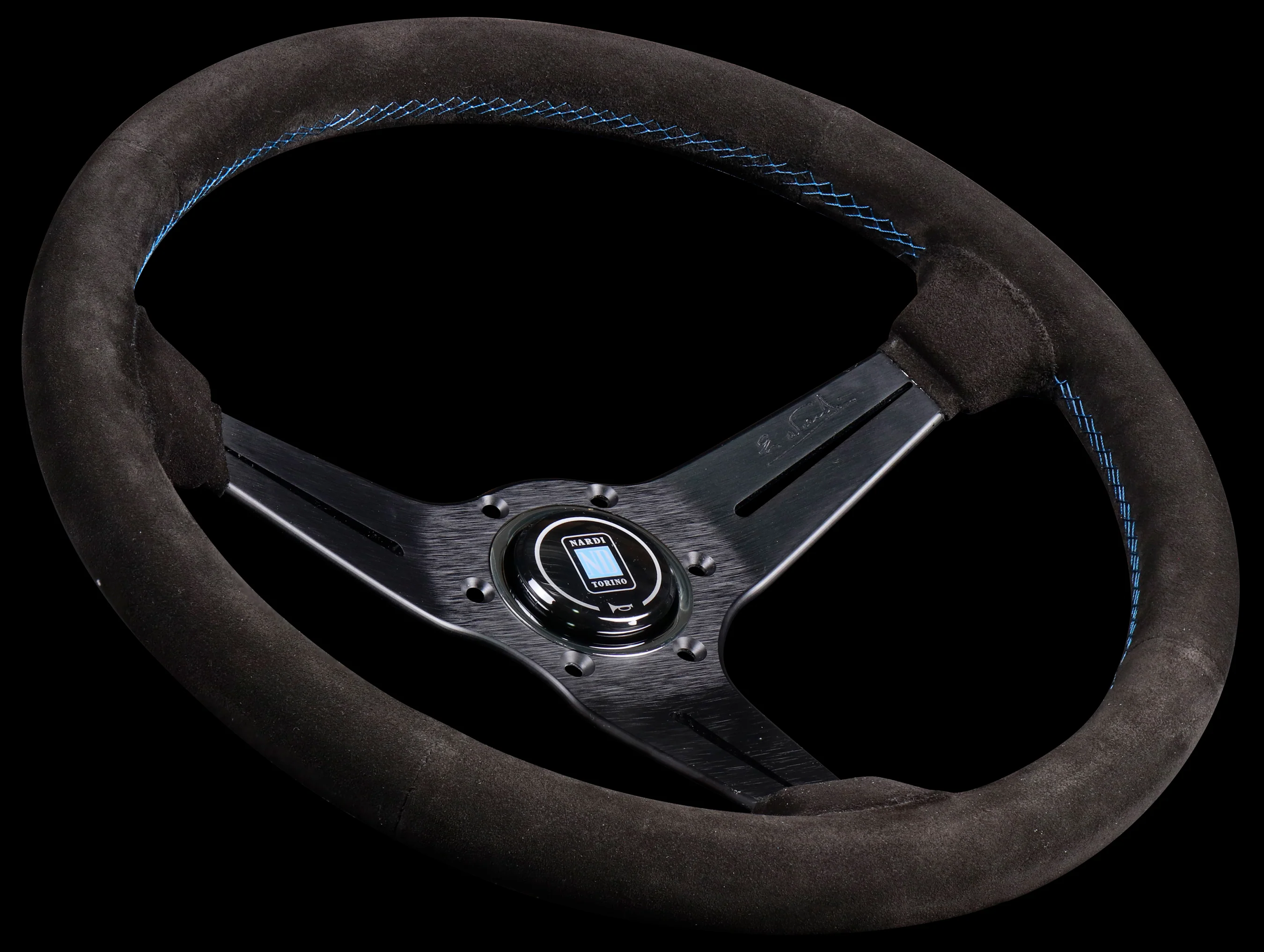 Nardi Sport Rally Deep Corn 350mm Steering Wheel - Black Suede / Blue Stitch - Image 2