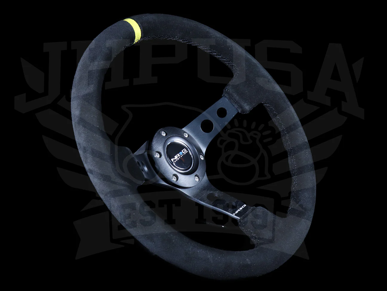 NRG Deep Dish Sport Steering Wheel - 350mm Black Suede / Yellow Marker / Black Stitch - Image 2