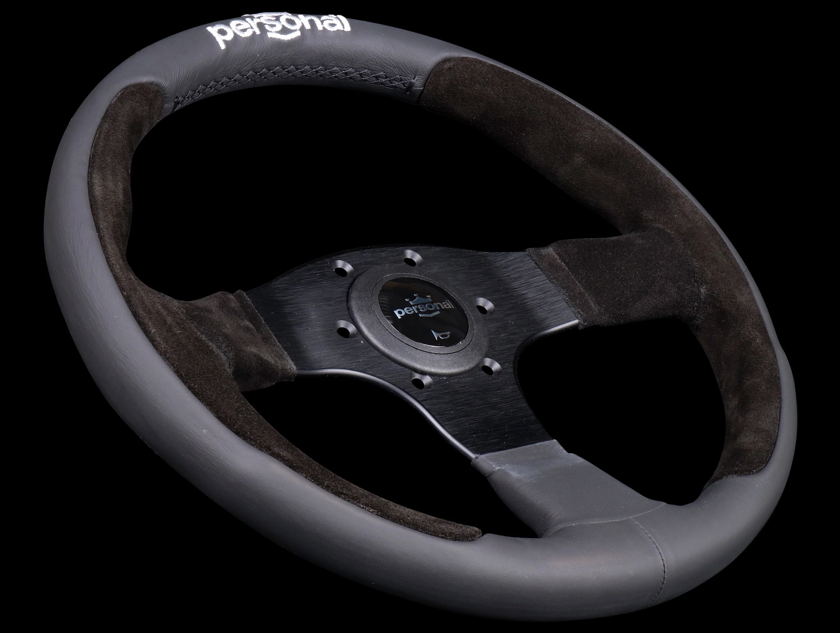 Personal Pole Position 330mm Steering Wheel - Black Leather / Black Suede w/ Black Stitch (Embroidered Logo) - Image 2